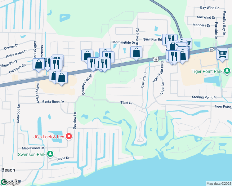 map of restaurants, bars, coffee shops, grocery stores, and more near 3470 Sycamore Lane in Gulf Breeze