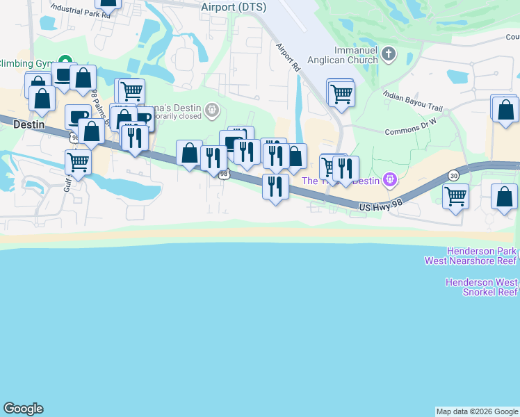 map of restaurants, bars, coffee shops, grocery stores, and more near 1030 Florida 30 in Destin