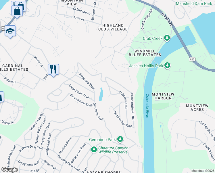 map of restaurants, bars, coffee shops, grocery stores, and more near 14417 Cochise Trail in Austin