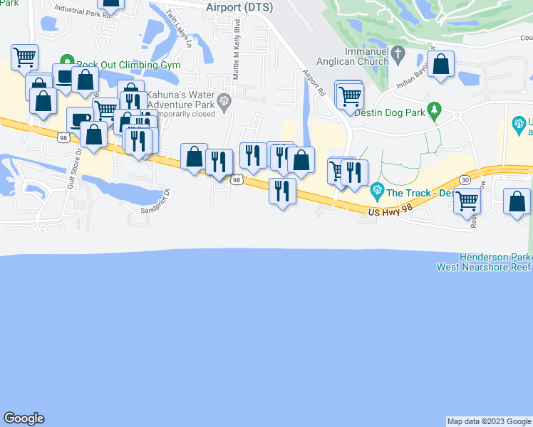 map of restaurants, bars, coffee shops, grocery stores, and more near 1030 Florida 30 in Destin