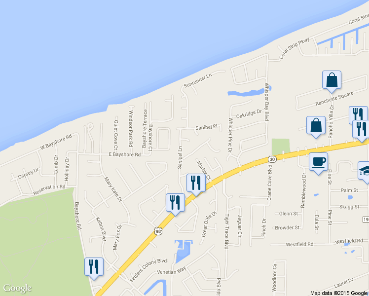 map of restaurants, bars, coffee shops, grocery stores, and more near 1254 Sanibel Lane in Gulf Breeze