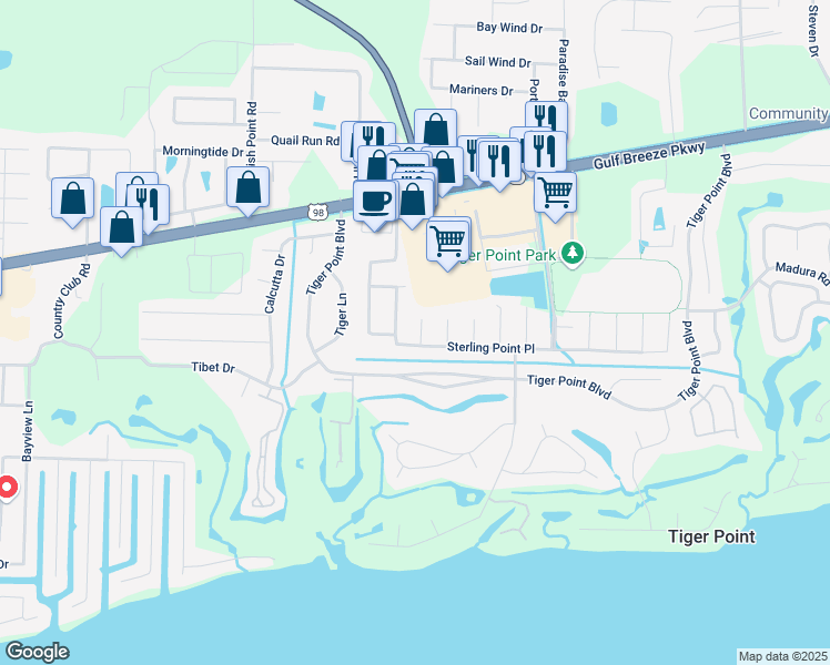 map of restaurants, bars, coffee shops, grocery stores, and more near 3749 Monopoly Court in Gulf Breeze