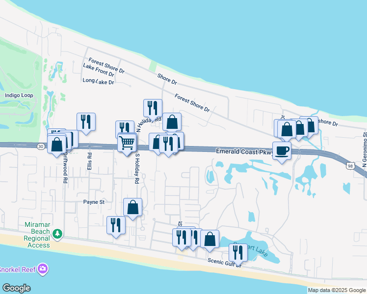 map of restaurants, bars, coffee shops, grocery stores, and more near 12236 U.S. Highway 98 W in Destin