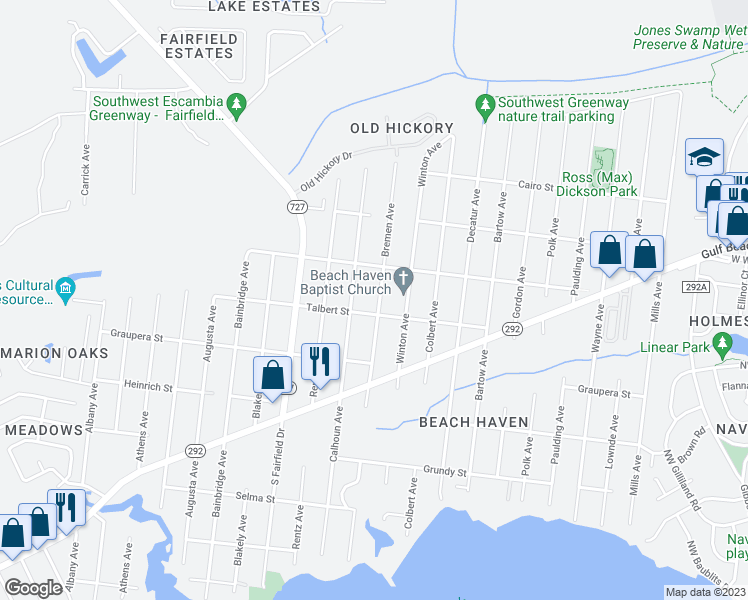 map of restaurants, bars, coffee shops, grocery stores, and more near 807 Bremen Avenue in Pensacola