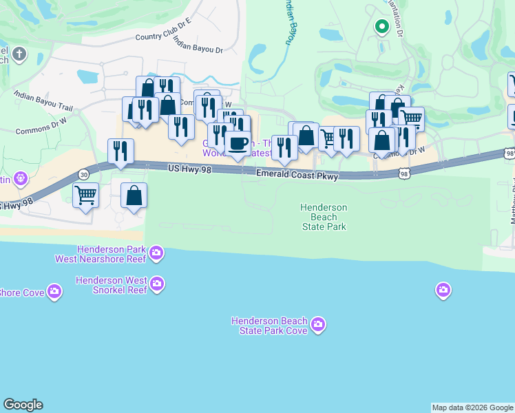 map of restaurants, bars, coffee shops, grocery stores, and more near 17000 Emerald Coast Parkway in Destin