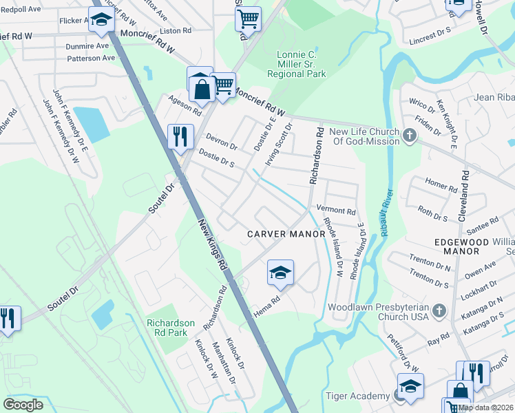 map of restaurants, bars, coffee shops, grocery stores, and more near 7161 Irving Scott Drive in Jacksonville