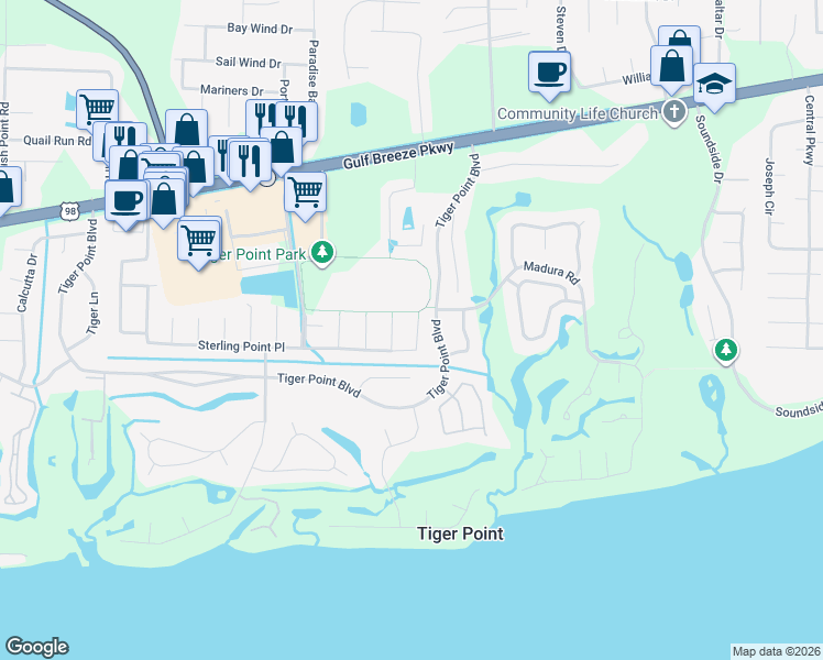 map of restaurants, bars, coffee shops, grocery stores, and more near 1019 Sterling Point Place in Gulf Breeze