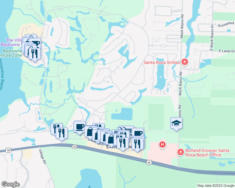 map of restaurants, bars, coffee shops, grocery stores, and more near 1143 Troon Drive North in Miramar Beach