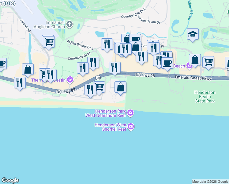 map of restaurants, bars, coffee shops, grocery stores, and more near 15300 Emerald Coast Parkway in Destin