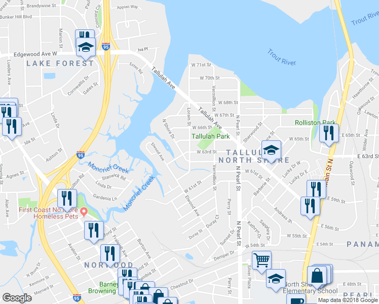 map of restaurants, bars, coffee shops, grocery stores, and more near Lorain St & W 63rd St in Jacksonville