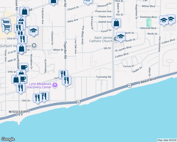 map of restaurants, bars, coffee shops, grocery stores, and more near 23 Milray Lane in Gulfport