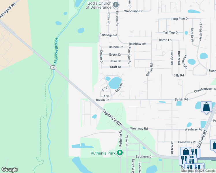map of restaurants, bars, coffee shops, grocery stores, and more near Lake Drive in Tallahassee