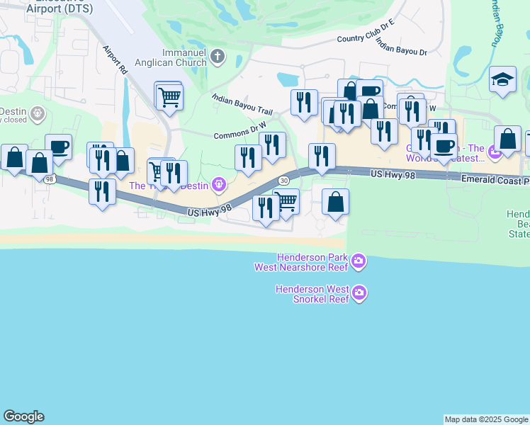 map of restaurants, bars, coffee shops, grocery stores, and more near 1751 Scenic Highway 98 in Destin