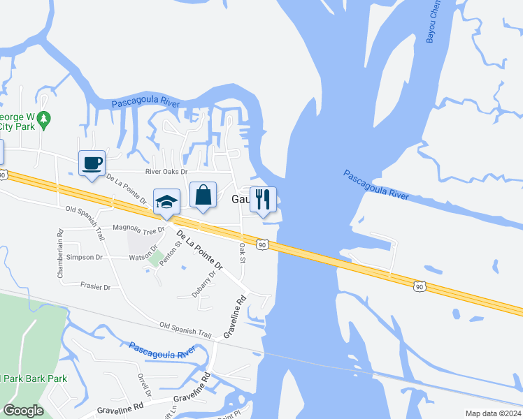 map of restaurants, bars, coffee shops, grocery stores, and more near 3008 Oak Street in Gautier