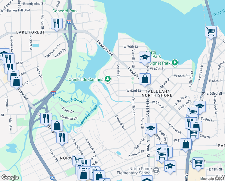 map of restaurants, bars, coffee shops, grocery stores, and more near 7317 North Shore Drive in Jacksonville