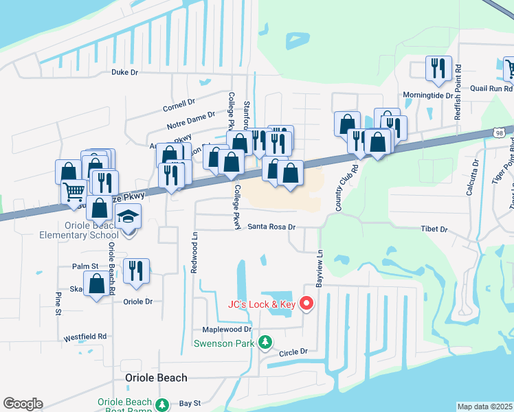 map of restaurants, bars, coffee shops, grocery stores, and more near 3355 Gulf Breeze Parkway in Gulf Breeze