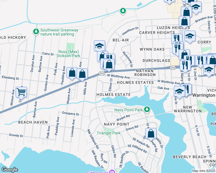 map of restaurants, bars, coffee shops, grocery stores, and more near 4 Ellis Drive in Pensacola
