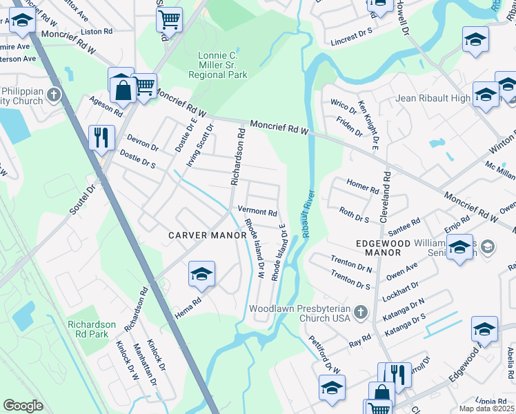map of restaurants, bars, coffee shops, grocery stores, and more near 4915 Vermont Road in Jacksonville