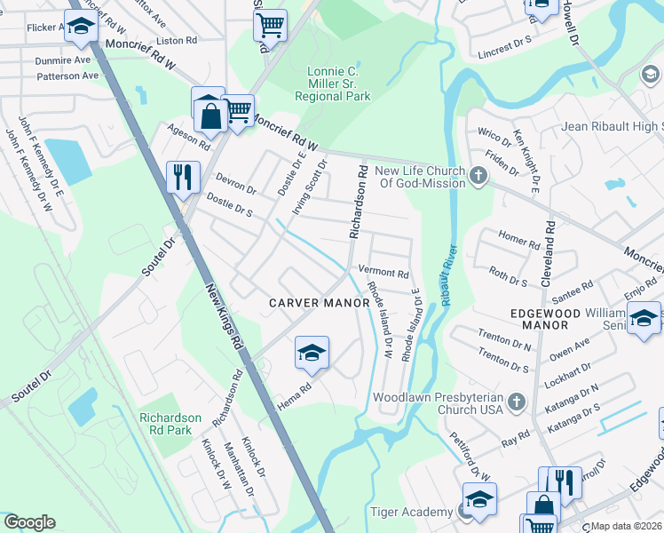 map of restaurants, bars, coffee shops, grocery stores, and more near 5027 Dostie Drive East in Jacksonville