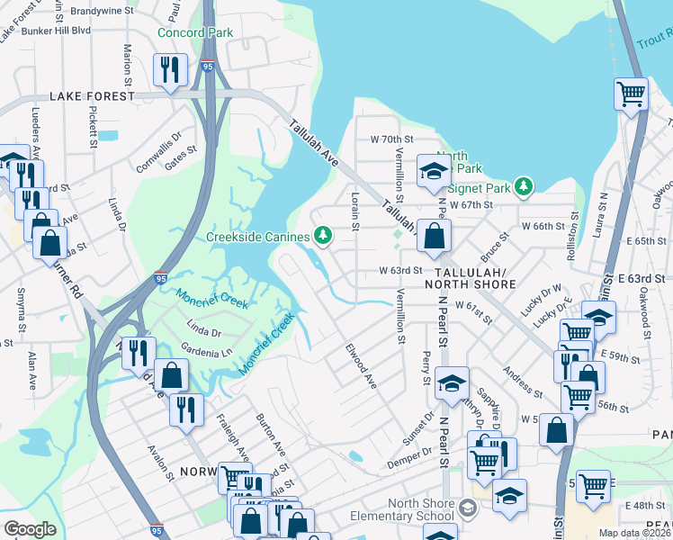 map of restaurants, bars, coffee shops, grocery stores, and more near 7317 North Shore Drive in Jacksonville