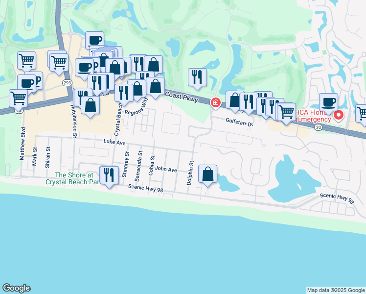 map of restaurants, bars, coffee shops, grocery stores, and more near 4575 Luke Avenue in Destin