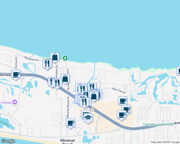 map of restaurants, bars, coffee shops, grocery stores, and more near 64 Mandevilla Lane in Destin