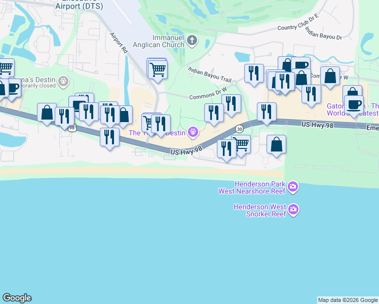 map of restaurants, bars, coffee shops, grocery stores, and more near 1750 Emerald Coast Parkway in Destin