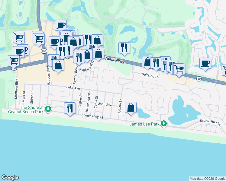 map of restaurants, bars, coffee shops, grocery stores, and more near 4575 Luke Avenue in Destin