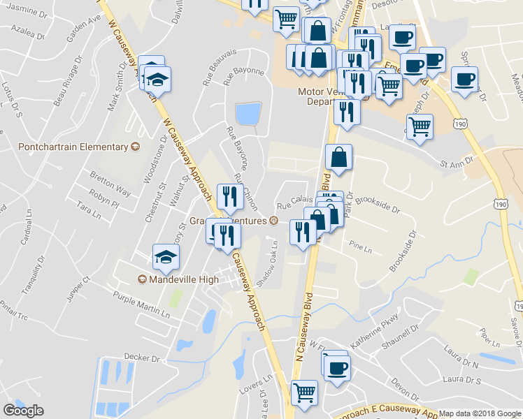 map of restaurants, bars, coffee shops, grocery stores, and more near 1031 Rue Chinon in Mandeville