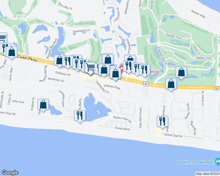 map of restaurants, bars, coffee shops, grocery stores, and more near 4736 Papaya Park in Destin