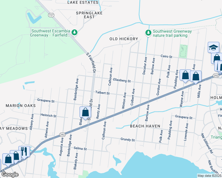 map of restaurants, bars, coffee shops, grocery stores, and more near 820 Calhoun Avenue in Pensacola