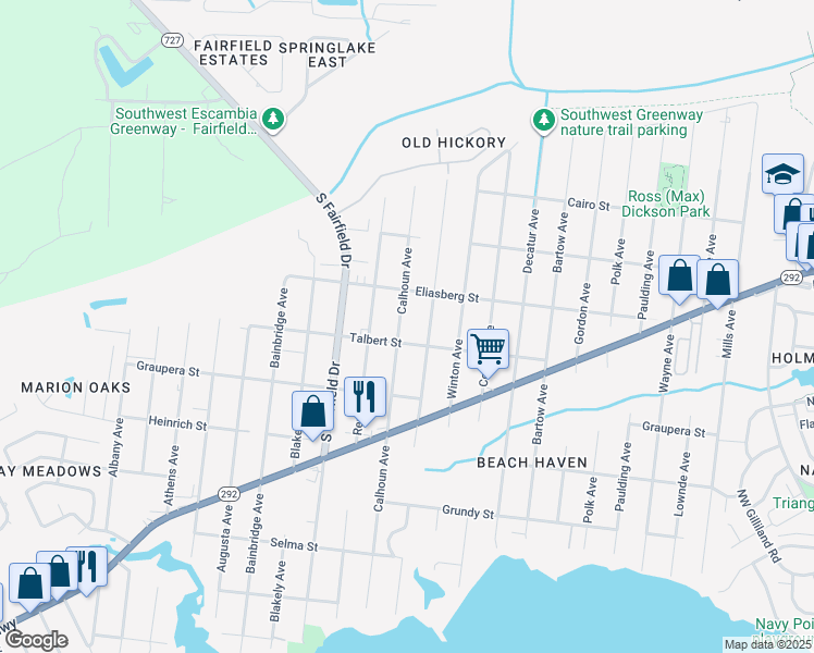 map of restaurants, bars, coffee shops, grocery stores, and more near 820 Calhoun Avenue in Pensacola
