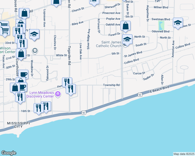 map of restaurants, bars, coffee shops, grocery stores, and more near 23 Milray Lane in Gulfport