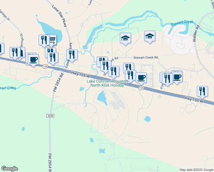 map of restaurants, bars, coffee shops, grocery stores, and more near 19785 Texas 105 in Montgomery