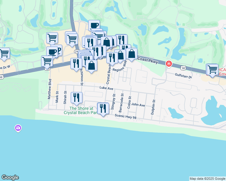 map of restaurants, bars, coffee shops, grocery stores, and more near 4510 Luke Avenue in Destin