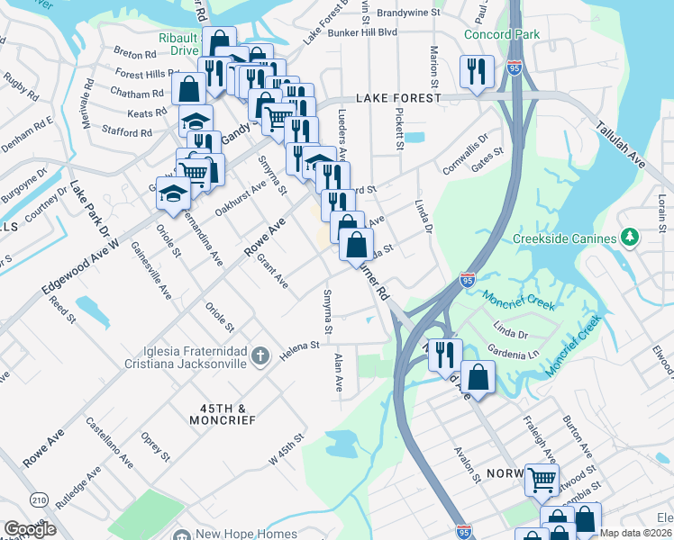 map of restaurants, bars, coffee shops, grocery stores, and more near 1341 Ida Street in Jacksonville
