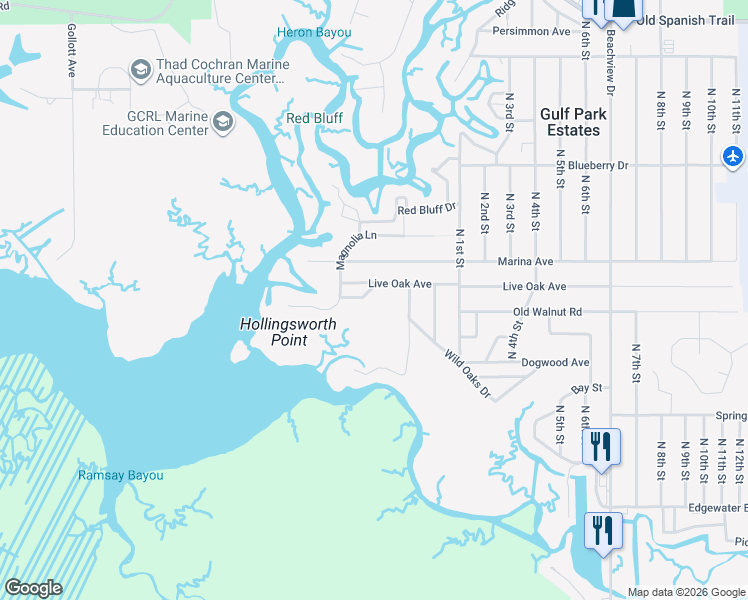 map of restaurants, bars, coffee shops, grocery stores, and more near 9600-9698 Oak Crest Lane in Ocean Springs