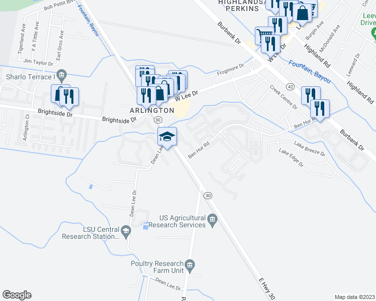 map of restaurants, bars, coffee shops, grocery stores, and more near 974 Ben Hur Road in Baton Rouge