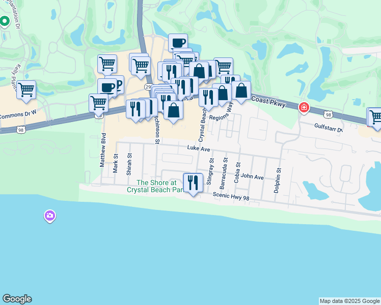 map of restaurants, bars, coffee shops, grocery stores, and more near 4491 Clipper Cove in Destin