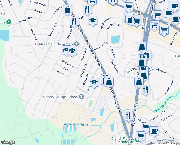 map of restaurants, bars, coffee shops, grocery stores, and more near 200 Walnut Street in Mandeville
