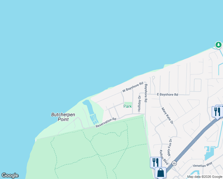 map of restaurants, bars, coffee shops, grocery stores, and more near 2394 West Bayshore Road in Gulf Breeze