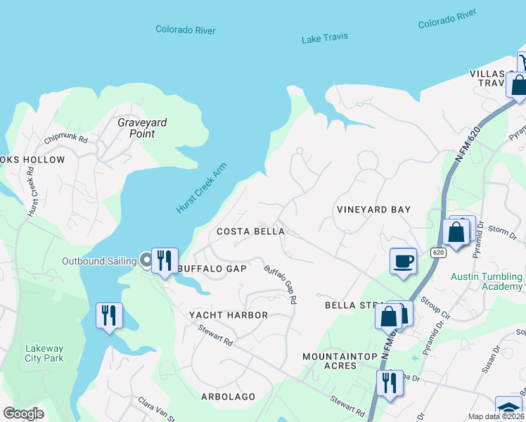 map of restaurants, bars, coffee shops, grocery stores, and more near 203 Bella Vista Cove in Austin
