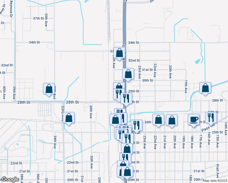 map of restaurants, bars, coffee shops, grocery stores, and more near 29th Street in Gulfport
