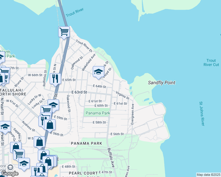 map of restaurants, bars, coffee shops, grocery stores, and more near 7347 Buffalo Avenue in Jacksonville