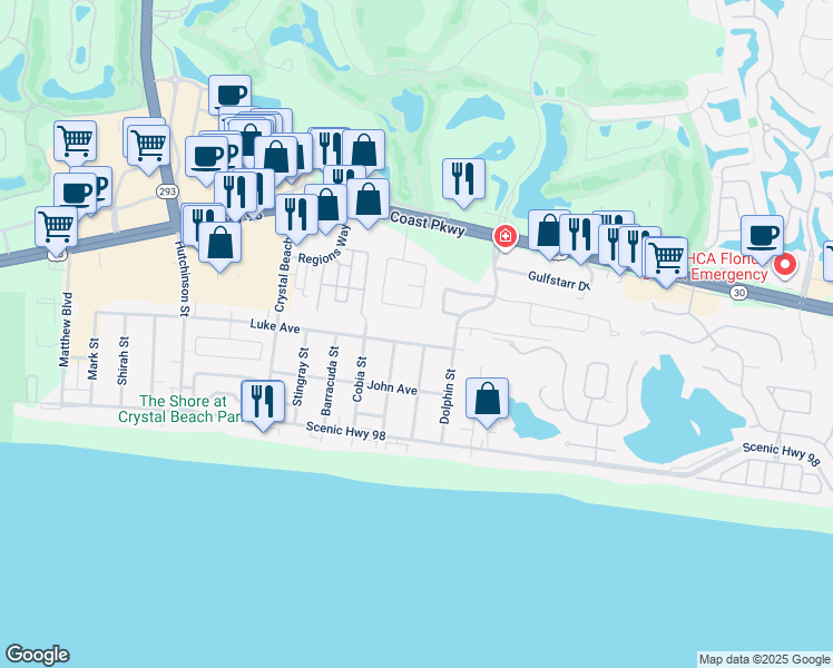 map of restaurants, bars, coffee shops, grocery stores, and more near 4575 Luke Avenue in Destin