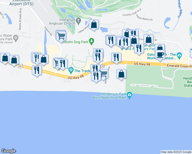 map of restaurants, bars, coffee shops, grocery stores, and more near 1741 Scenic Highway 98 in Destin
