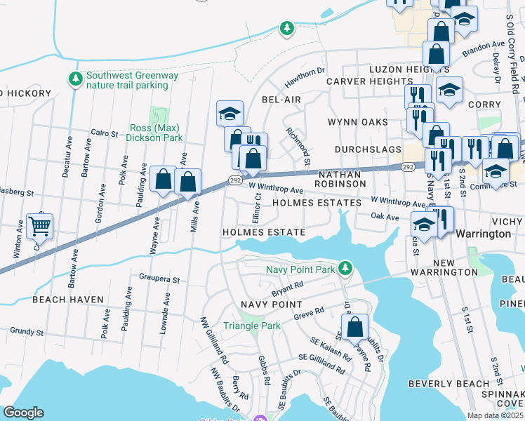 map of restaurants, bars, coffee shops, grocery stores, and more near 106 Ellis Drive in Pensacola