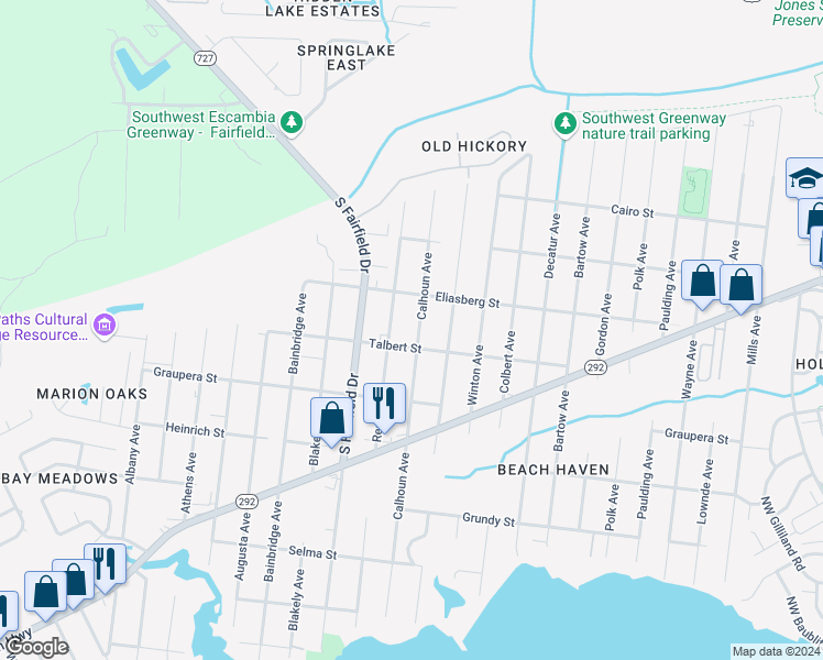 map of restaurants, bars, coffee shops, grocery stores, and more near 831 Calhoun Avenue in Pensacola