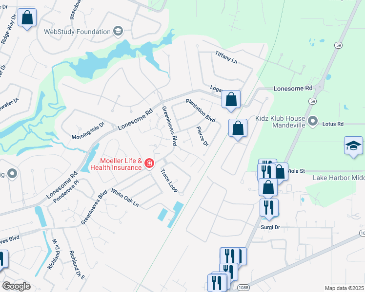 map of restaurants, bars, coffee shops, grocery stores, and more near 305 Estate Drive South in Mandeville