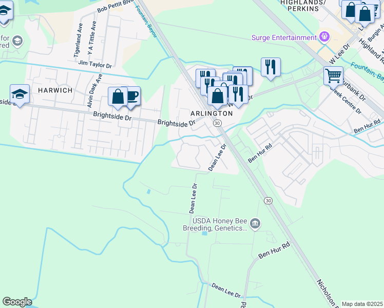 map of restaurants, bars, coffee shops, grocery stores, and more near 1443 Brightside Drive in Baton Rouge